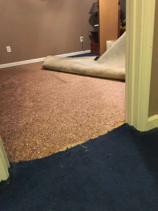 Carpet pad removal revealing water damage during Water Mitigation Services in Polk